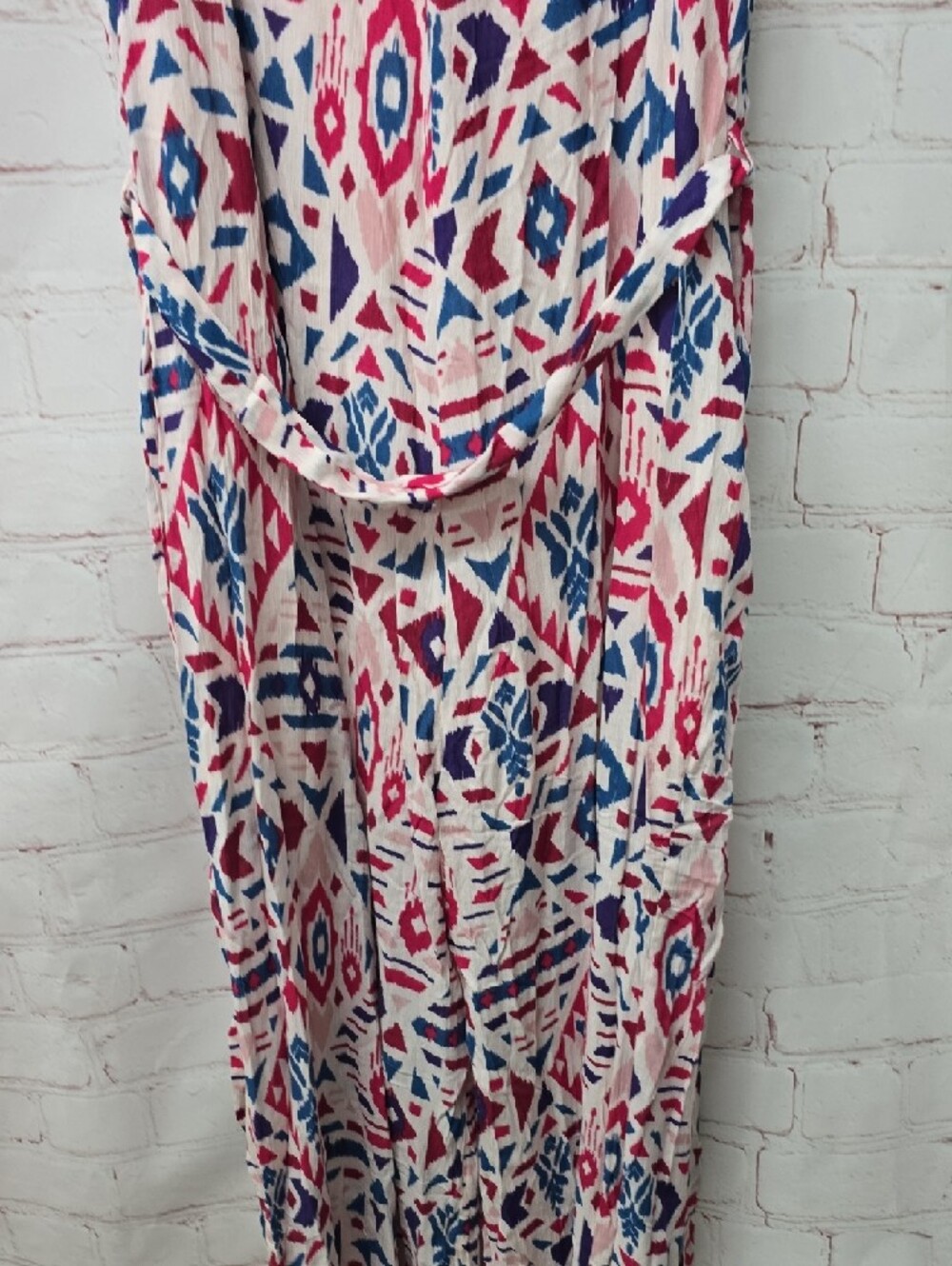 Emily Wonder Spaghetti Strap Jumpsuit Pink & Blue Geometric Print W Belt Size 2x - Picture 10 of 16